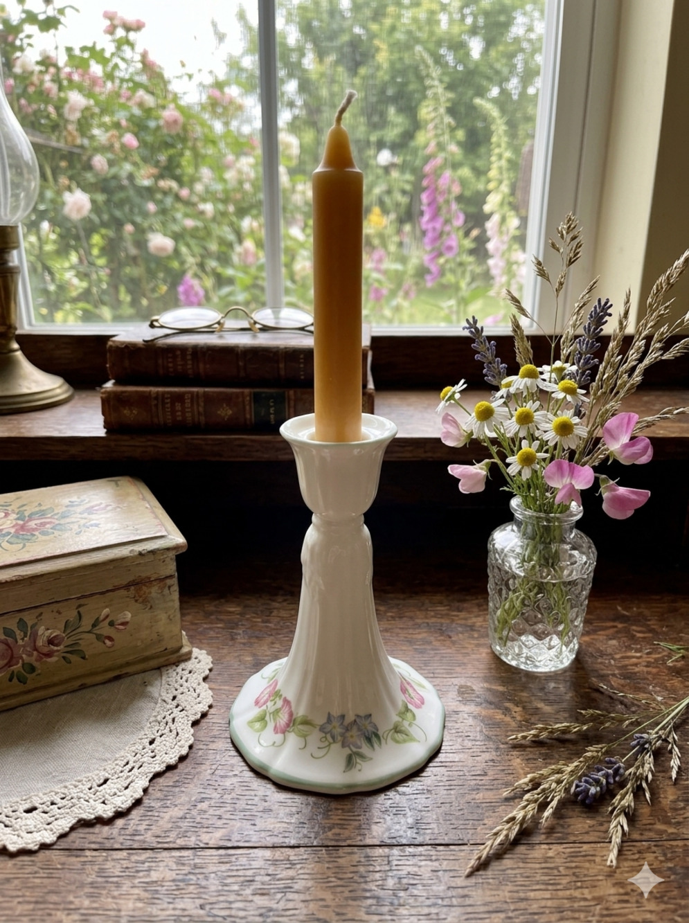 Royal Worcester English Garden Green Trim Small Candlestick Holder